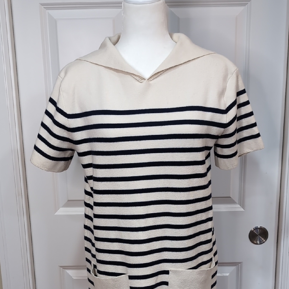 Zara Striped Knit Mini Dress Small Sailor Lapel Collar Pockets Cream Navy Costal - Picture 9 of 16